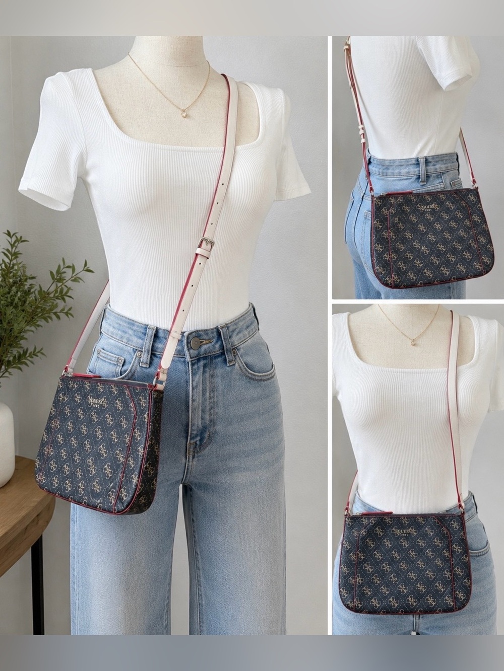GUESS 1981 Monogram Crossbody Bag Brown Logo Print Red Trim Adjustable Strap